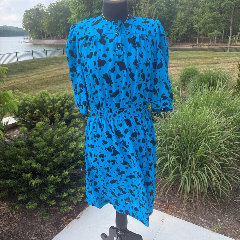 Vintage 80s Electric Blue Abstract Print Midi Dress Medium Statement Power Dress - Picture 3 of 5